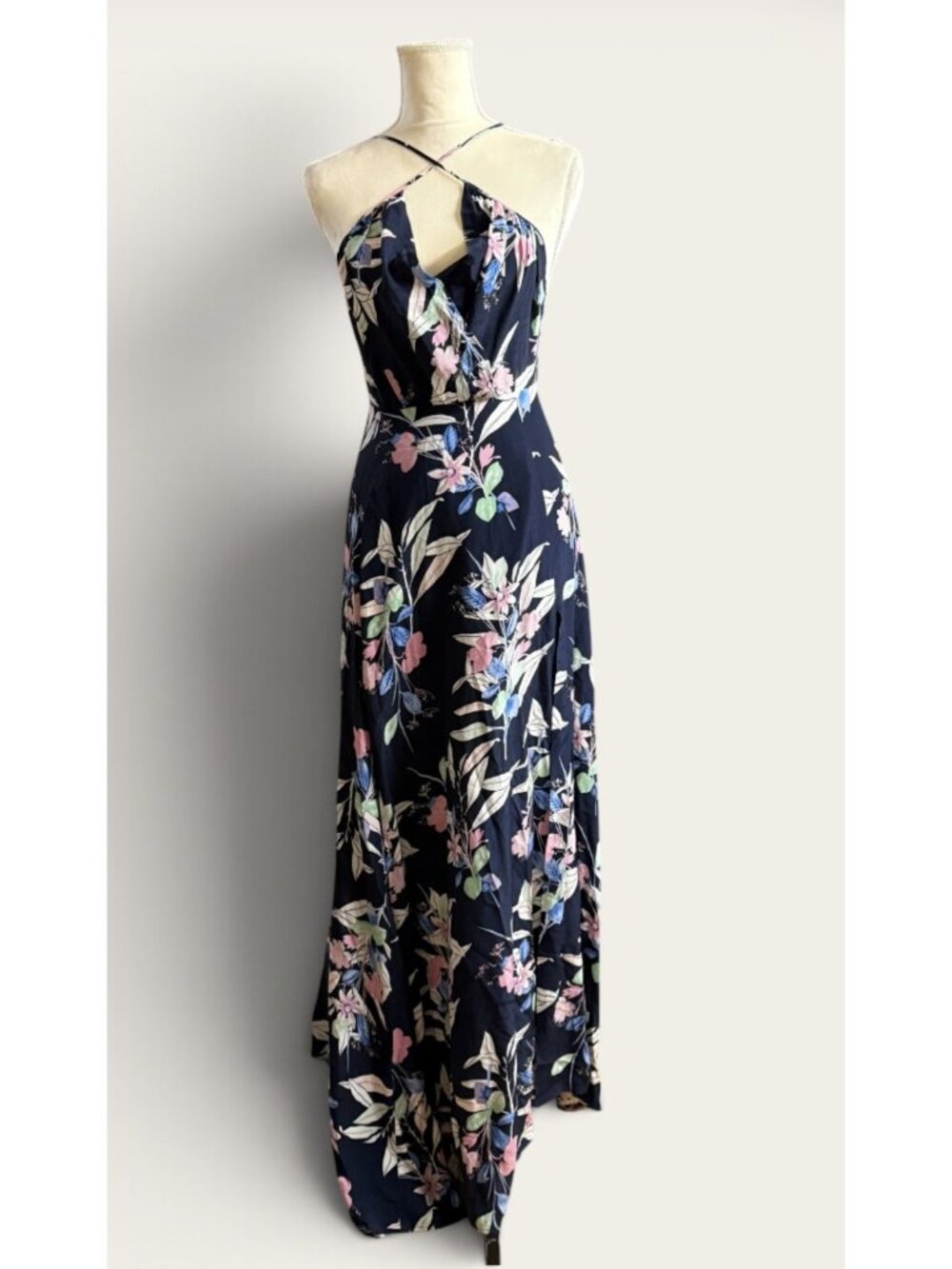 Yumi Kim Floral Silk Maxi Dress V-Neck Strappy Lined Navy Pink Size S